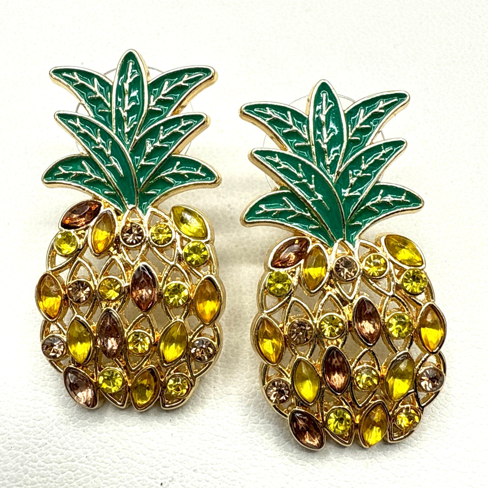 BaubleBar Earrings Sugarfix Pineapple Yellow Crystal Green Enamel Gold Tone Stud